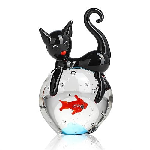 QFkris Blown Glass Black Cat Figurine, 1.6“ Mini Glass Animals Sculpture, Cat and Fish Art Collectible Figurines for Home Decor, Gift for Mom Cat-Lover Birthday Christmas - Image 1