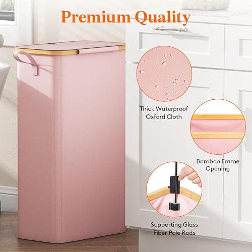 Lifewit 75L Slim Laundry Hamper with Lid and Removable Bag, Pink | Bamboo Handles, Foldable Narrow Laundry Baskets, Thin Laundry Bin, Dirty Clothes Hamper for Laundry, Bathroom, Bedroom, Dorm thumbnail 8