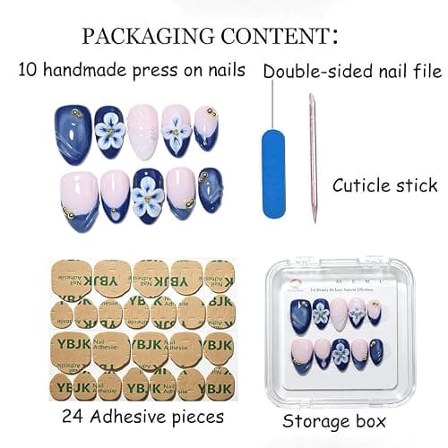 Handmade Short Almond Ocean Press On Nails,Reusable&Salon Quality(1TA26,S) | 10Pcs Daily & Party Fake Nails | Easy Apply & Remove | Navy Blue Press Ons, 3D White Blue Flowers, Pearls & Gold Beads thumbnail 6