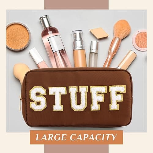 Cunno 4 Pcs Preppy Makeup Bags Chenille Letter Stuff Bag Nylon Cosmetic Pouch Cases with Zipper for Women Travel Toiletry - Brown Set thumbnail 6