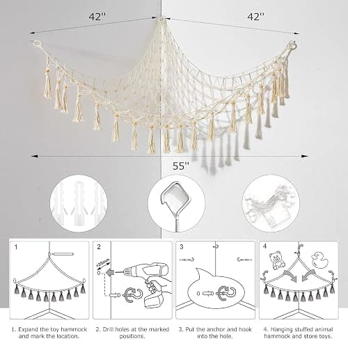 Jouet Hamac pour Animaux en Peluche Jouet Ours Filet Coin Suspendu Support De Rangement pour Chambre Enfant, Fermeture éclair, Blanc thumbnail 2