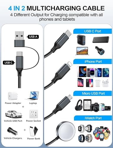 Travel Essentials,2 Pack Multi Charging Cable for Apple Watch Charger/iPhone Charger,USB A & Type C Cord for iWatch Series/iPhone 17-11/Samsung S25-S20,Android Phone,airPods,Car[1.5M]-Black thumbnail 2