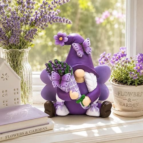 KnomeKo Lavender Gnome Fairy Garden Decor Purple Gifts for Women | Butterfly & Lavender Bouquet Resin Gnome , Spring Summer Decor Home Office Table Porch Yard thumbnail 2