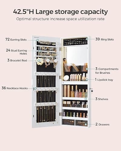 SONGMICS Mirror Jewelry Cabinet Armoire Organizer, Wall or Door Mount Storage Cabinet with Full-Length Frameless Lighted Mirror, Built-in Makeup Mirror, 2 Drawers, Lockable, White UJJC013W01 thumbnail 5