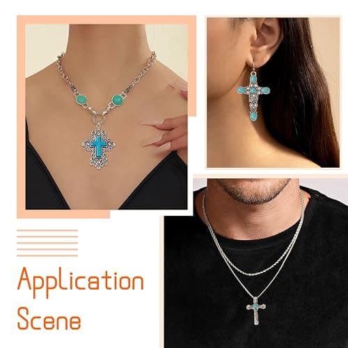 Spritewelry 14Pcs 7 Styles Turquoise Pendant Gemstone Cross Charms Tibetan Vintage Large Pendant Retro Religion Stone Dangle Charms for Big Earrings Necklace Keychain Jewelry Making DIY Crafts thumbnail 4