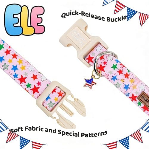Elegant Little Tail 4th of July Dog Collar with Pendant, Patriotic Pink Stars Patriot Pattern Cotton, Sturdy Quick-Release Plastic Buckle, Girl Adjustable Pet Collar for Medium Dogs thumbnail 4