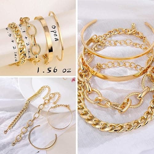 IFKM 6 PACK (24 PCS) Boho Gold Chain Bracelets Set for Women, 14K Gold Plated Multiple Layered Stackable Open Cuff Wrap Bangle Adjustable Link Italian Cuban Jewelry for Women Gift thumbnail 5