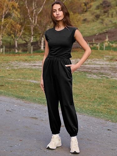 Glamaker Women's Two Piece Athletic Sets Casual Workout Sleeveless Cropped Tops High Sweatpants Joggers Tracksuits thumbnail 7