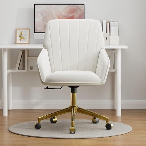 YISHENG Velvet Home Office Chair with Gold Base Upholstered Tufted Modern Height Adjustable 360 Degree Swivel Desk Chair with Wheels, Vanity Chairs for Living Room, Bedroom,Study Room (Cream) thumbnail 5