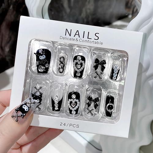 BABALAL Black Press on False Nails Medium Coffin Fake Nails Goth French Tip Glue ons Acrylic Nails Cute Bow Anime Heart Charm Design 24Pcs kawaii Luxury Bling Ballerina Manicure DIY thumbnail 5