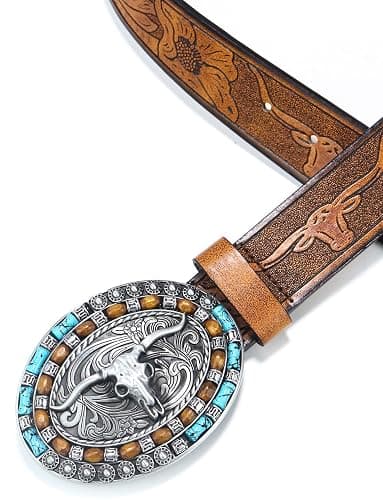 Western-Cowboy-Leather-Belts for Women Turquoise-Oval-Buckle Embossed Cowgirl Belt for Jeans Pants Fit for 27"-41" thumbnail 4