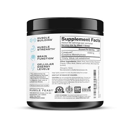 Muscle Feast Creapure Creatine Monohydrate Powder, Vegan Keto Friendly Gluten-Free, Muscle Recovery Supplement and Trusted Creatine for Muscle Growth, Flavored Creatine, Natural Blue Raspberry, 300g thumbnail 9