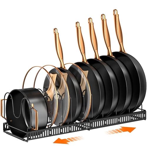 MUDEELA Pots and Pans Organizer Rack for under Cabinet, Expandable 11.81''-22.85'' Pot Lid Kitchen Cabinet Organizer Holder with 10 Adjustable Compartment Cutting Board Organizer for Pan Lid, Bakeware - Image 1