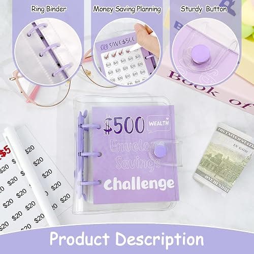 Drawelry Mini Money Saving Binder, 25 Cash Envelopes Money Saving Challenge Binder $500 $1000, Portable Savings Book Envelopes Stickers for Budgeting Planner Christmas Birthday Gift (Purple, $500) thumbnail 2