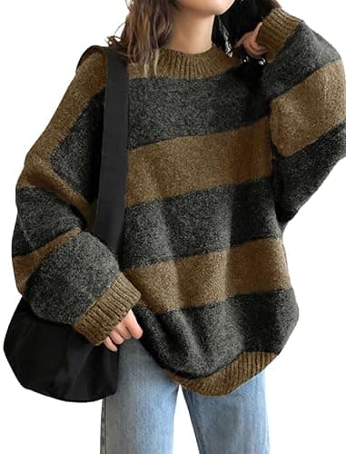 EMMIOL Women's Oversized Striped Sweaters 2026 Spring Trendy Long Sleeve Knit Outfits Crewneck Fashion Pullover Tops - Image 1
