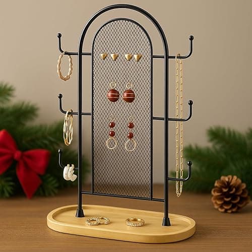 bussdis Jewelry Holder Organizer Earring Display - Stands Earring Storage Earring tree Hanger Jewelry Towers Rack with 6 Hooks 300 Stud Holes Wood Tray for Necklaces Bracelets Rings thumbnail 2