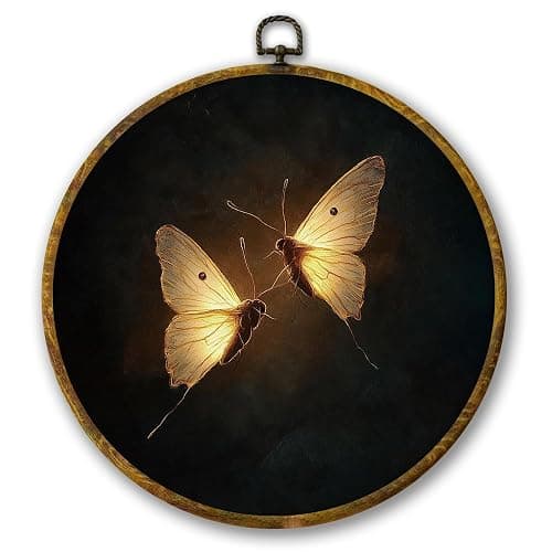 Mcehtle Vintage Butterfly Wall Art Decor, Dark Moody Cottagecore Moth Insect Framed Canvas Prints 10x10, Neutral Farmhouse Round Wall Hanging Artwork Decorations for Gallery Bedroom Living Room - Image 1