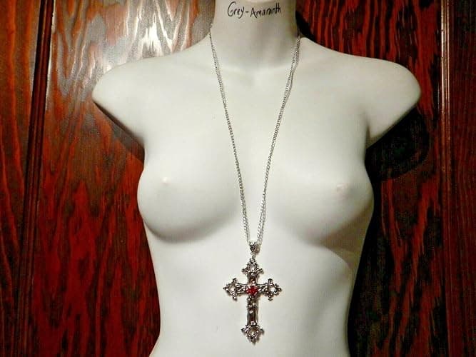 Large Gothic Cross Necklace silver-tone pendant with glass stone, on 24" steel chain… thumbnail 3