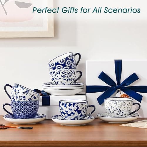 vancasso Selene 240 ml Porcelain Cup and Saucer Set of 6, Blue-and-White | Floral Patterned Vintage Coffee Cups Set for All Kinds of Drinks/Tea/Espresso/Latte/Cappuccino, Dishwasher & Microwave Safe thumbnail 9