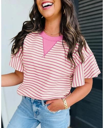 Women's Summer Striped Ruffle Short Sleeve Tops Contrast Color Block 2026 Round Neck Loose Fit Cute Casual Top Blouse thumbnail 2