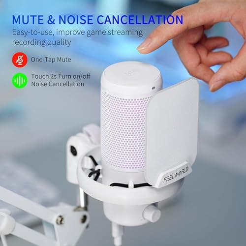 FEELWORLD VM1 White Gaming PC USB Microphone Condenser Mic with Noise Cancellation Mute RGB Light, Computer Accessories Gifts for Gamer YouTube Twitch Podcast Streaming Recording Online Chat PS4 PS5 thumbnail 2