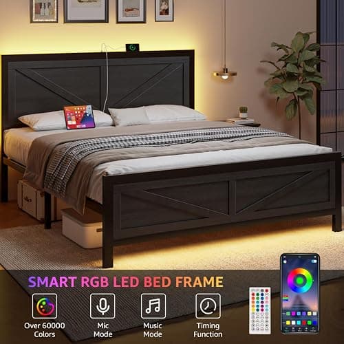DOGIBIXO Full Size Bed Frame with Led Lights and USB Charging, Industrial Platform Bed Frame with Farmhouse Barn Door Headboard, Strong Metal Slats Support, Noise Free, No Box Spring Needed, Black thumbnail 3