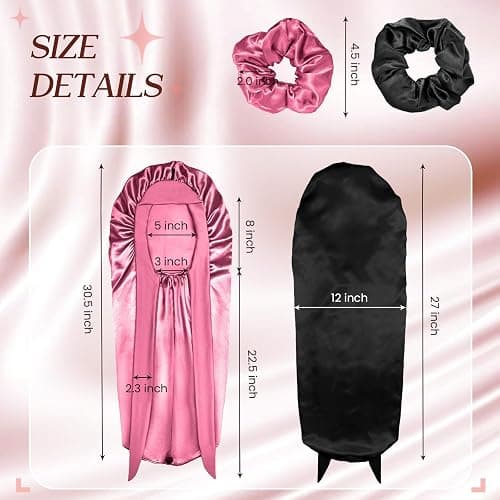 2 Pcs Long Satin Bonnet, Braid Cap for Women, Silk Bonnet for Braids Curly Hair with Tie Band(Black&Rose Red) thumbnail 2