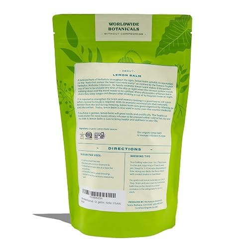 Worldwide Botanicals Organic Lemon Balm Tea, 6 Ounces - Loose Leaf Premium Herbal Tea | 100% Pure Lemon Balm Leaves | For Stress Relief and Good Digestion | Kosher thumbnail 2