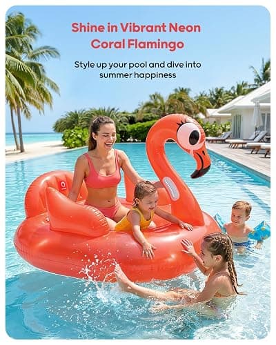 QPAU Flamingo Pool Float, Neon Coral Inflatable Pool Float for Adults & Kids, Animal Pool Float for Swimming Pool, Beach & Lake thumbnail 2