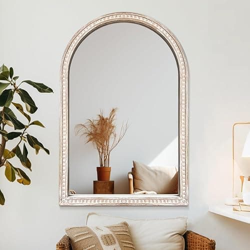 AMOISE Arched Vanity Wall Mirror 36 x 24 Inch Beaded Wood Frame Boho Farmhouse Decorative Mirror for Bathroom Bedroom Entryway Living Room thumbnail 7