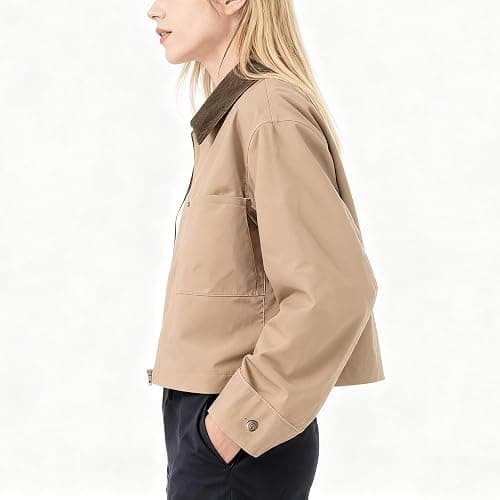 ⭐️⭐️⭐️ Zoziiee Womens Cropped Bomber Jacket Corduroy Collar Barn Coat Lightweight Utility Zip Up Cotton Canvas Workwear thumbnail 5