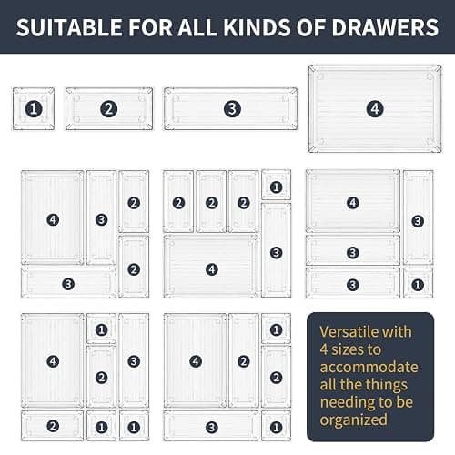 KITCHEN MONSTER 25 Pack Clear Drawer Organiser Set, 4 Size PET Storage Trays with Anti Slip Design, Stackable Drawer Dividers for Makeup, Bathroom, Kitchen and Office thumbnail 8