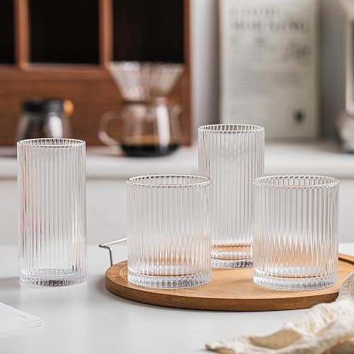 INSETLAN Set of 8 Vintage Glassware - 4 Highball Glasses 12 oz, 4 Rocks Glass Cups 14 oz, Ribbed Glassware Cocktail Glasses, Ideal for Wine, Juice, Water, Ice Coffee Cup, Whiskey, Mixed Drinkware thumbnail 8