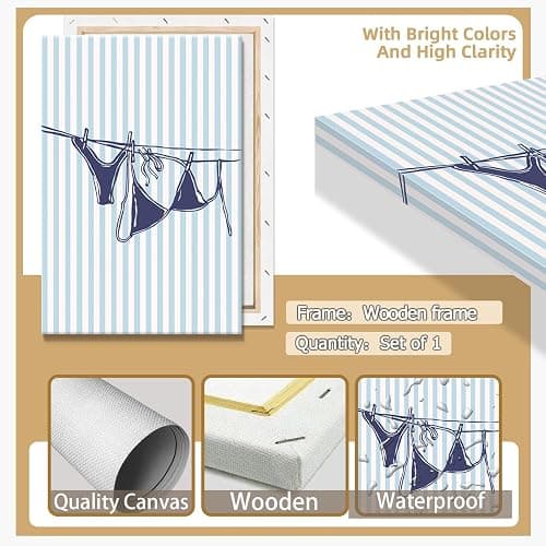 Summer Beach Wall Art Navy Blue Bikini Posters Coastal Cowgirl Room Decor Trendy Sea Themed Canvas Prints Preppy Beachy Pictures for Teen Girls College Dorm Apartment Bedroom Bathrom 16x24in Framed thumbnail 7