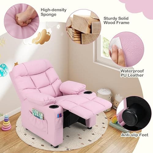 Costzon Kids Recliner Chair with Cup Holder, Adjustable Lounge Chair w/Footrest & Side Pockets for Children Boys Girls Room, Ergonomic Toddler Furniture Sofa, Kids Recliner (Pink) - Pink - 26” x 28” x 34” (L x W x H) thumbnail 5