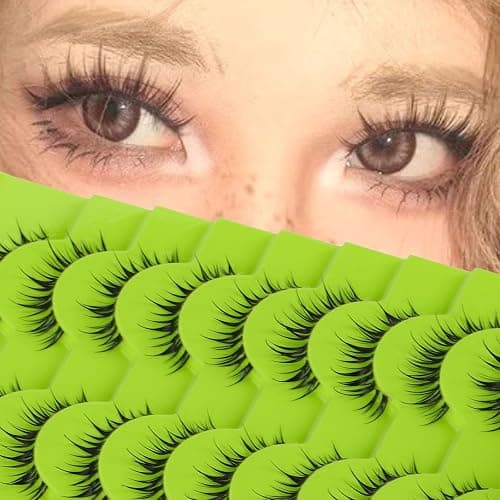 outopen 10 Pairs Manga Lashes Wet Look Japanese Anime Cosplay Eyelashes Clear Band Doll Lashes Korean Asian Makeup Lashes Spiky Fake Eyelashes Look Like Individual Clusters(Wet Natural 9-12 MM) - A08-Wet Natural | 9-12 MM - Image 1