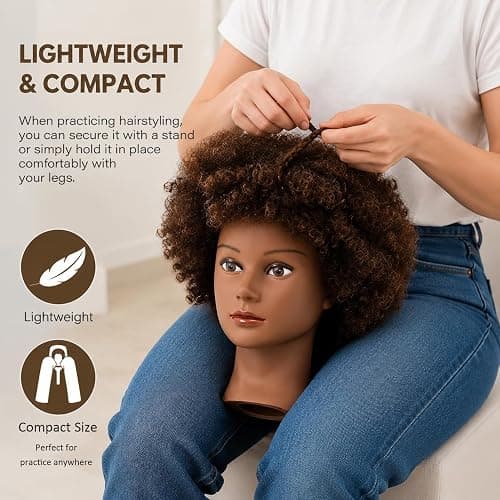 African Mannequin Head with 100% Human Hair Mannequin Head Curly Cosmetology Manican Mannequins Heads with Stand for Display Practice Braiding Styling Training Head Hair Styling thumbnail 2