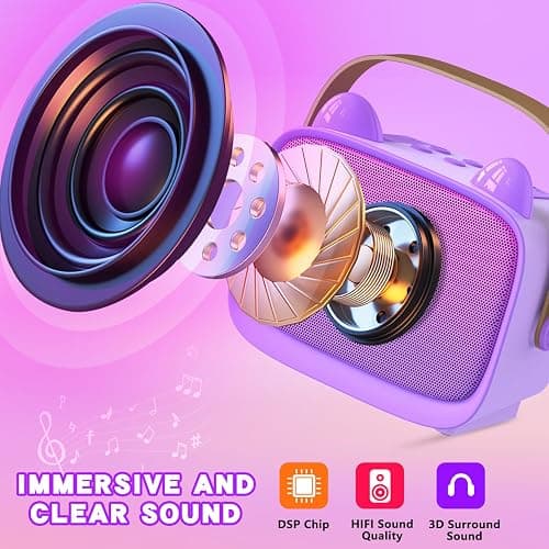 Mgaolo Upgraded Mini Karaoke Machine Toy for Kids, Portable Bluetooth Speaker with 2 Wireless Mics, Emoji & Colorful LED Lights, Home Travel & Party Play Gifts for Boys Girls (Purple) thumbnail 3