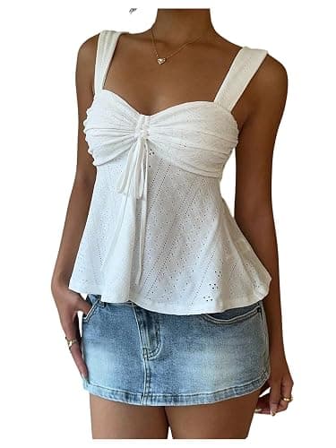 Milumia Women's Eyelet Tie Front Ruched Tank Tops Y2k Drawstring Sexy Going Out Top - Image 1