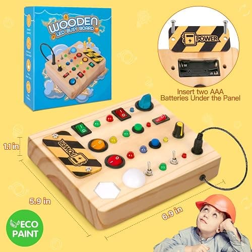 TINTECUSA Busy Board Montessori Toys for Toddler, Wooden Sensory Board Switch Toy with Shape Sorter LED Light Up Toys Educational Plane Travel Activity for Girls & Boys thumbnail 3