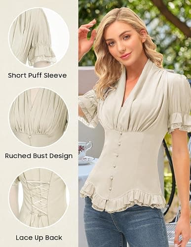 Scarlet Darkness Womens Work Tops Elegant Renaissance Pirate Shirt Short Sleeve Victorian Peasant Blouses thumbnail 4