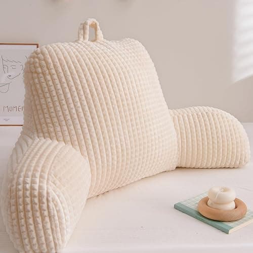 A Nice Night Reading Pillow Bed Wedge Large Adult Children Backrest with Arms Back Support for Sitting Up in Bed/Couch for Lounging Bedrest,Waffle Stereoscopic Design,Ivory thumbnail 2