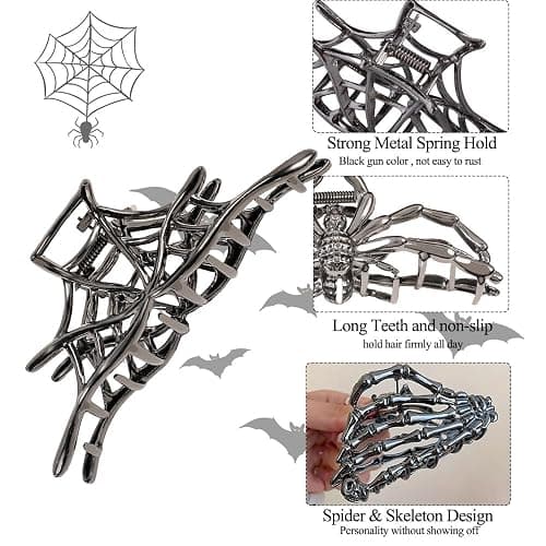 3PCS Black Spider Web Skeleton Hand Skull Hair Claw Clips for Women And Girls, Hiphop Metal Large Medium Size for Thick Thin Hair, Headband Barrette for styling Hair Accessories Party Gift (Black Gun) thumbnail 3