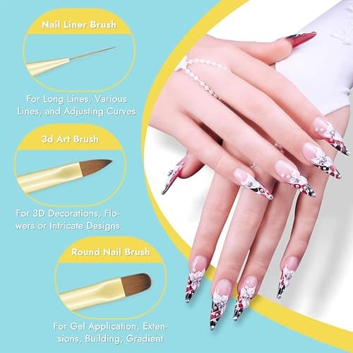 Finea Nail Art Brushes and Dotting Tools 6pcs Set for Gel Polish Gold Blue | Flat, Round, Thin Liner, French Tip, Small Detail Painting, 3D Acrylic Flower Brushes for Builder Gel Polygel Paint Design thumbnail 3