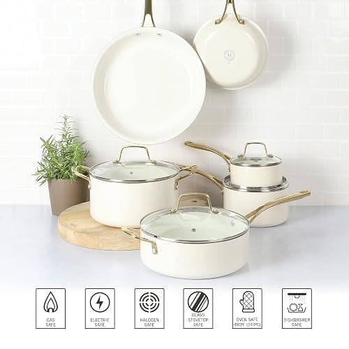 Martha Stewart Lockton Premium Non stick Non Toxic PFA Free Ceramic Interior 10 Piece Heavy Gauge Enamel Aluminum Pots and Pans Cookware Set - Linen White w/Gold Handle thumbnail 5