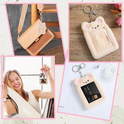 JIEYAO Plush Photocard Holder, Cartoon Bear Card Cover with Keychain Cute Cartoon Plush Photocard Holder Korean Style ID Card Cover Protective Case Card for Women Office and School Supplies thumbnail 5