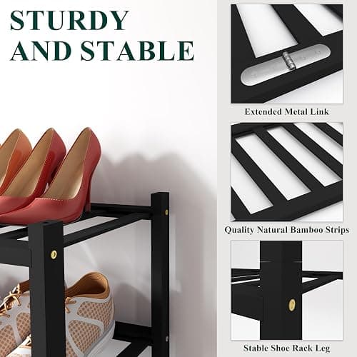 Smiry Shoe Rack, 3 Tier Bamboo Shoe Organizer, Stackable Free Standing Wooden Shoe Storage Shelf for Closet, Entryway, Front Door Entrance, Black thumbnail 3