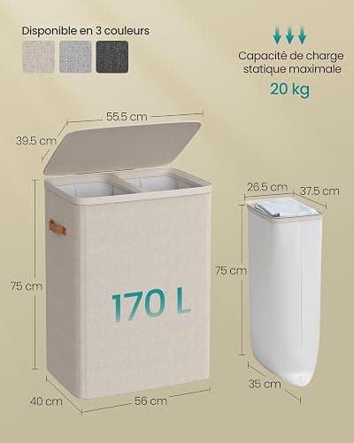 SONGMICS Panier à Linge, Corbeille à Linge Sale de 170 L, 2 Compartiments, Montage Facile, avec Couvercle et Poignées, Sacs Internes Amovibles, 56 x 40 x 75 cm, Beige Cappuccino LCB813L01 thumbnail 3