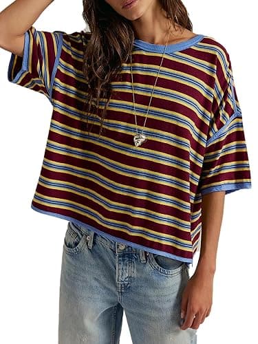 Womens Oversized Striped T-Shirt Cotton Boxy Crop Top 90s Retro Drop Shoulder Ringer Tee Casual Skater Streetwear Tops - Image 1