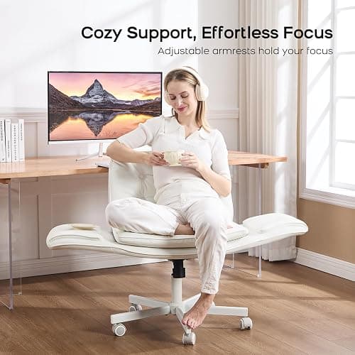 amseatec Criss Cross Chair with Armrests & Wheels, PU Leather Vanity Chair, Comfortable Adjustable Swivel Computer Office Desk Chairs for Home, Make Up, Bed Room (White) thumbnail 5